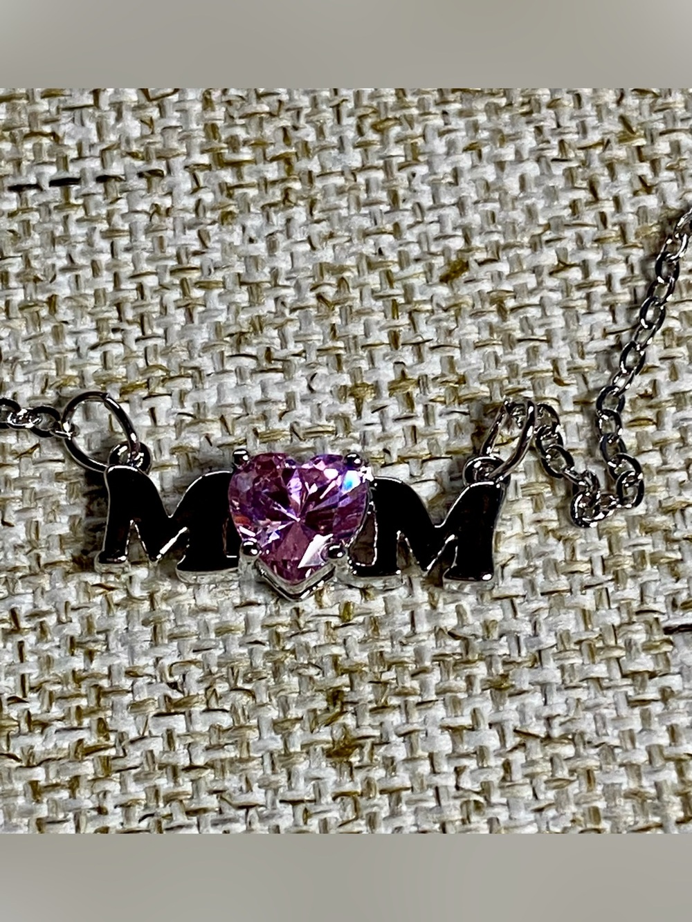 MOM Heart Pendant Necklace with Pink Stone